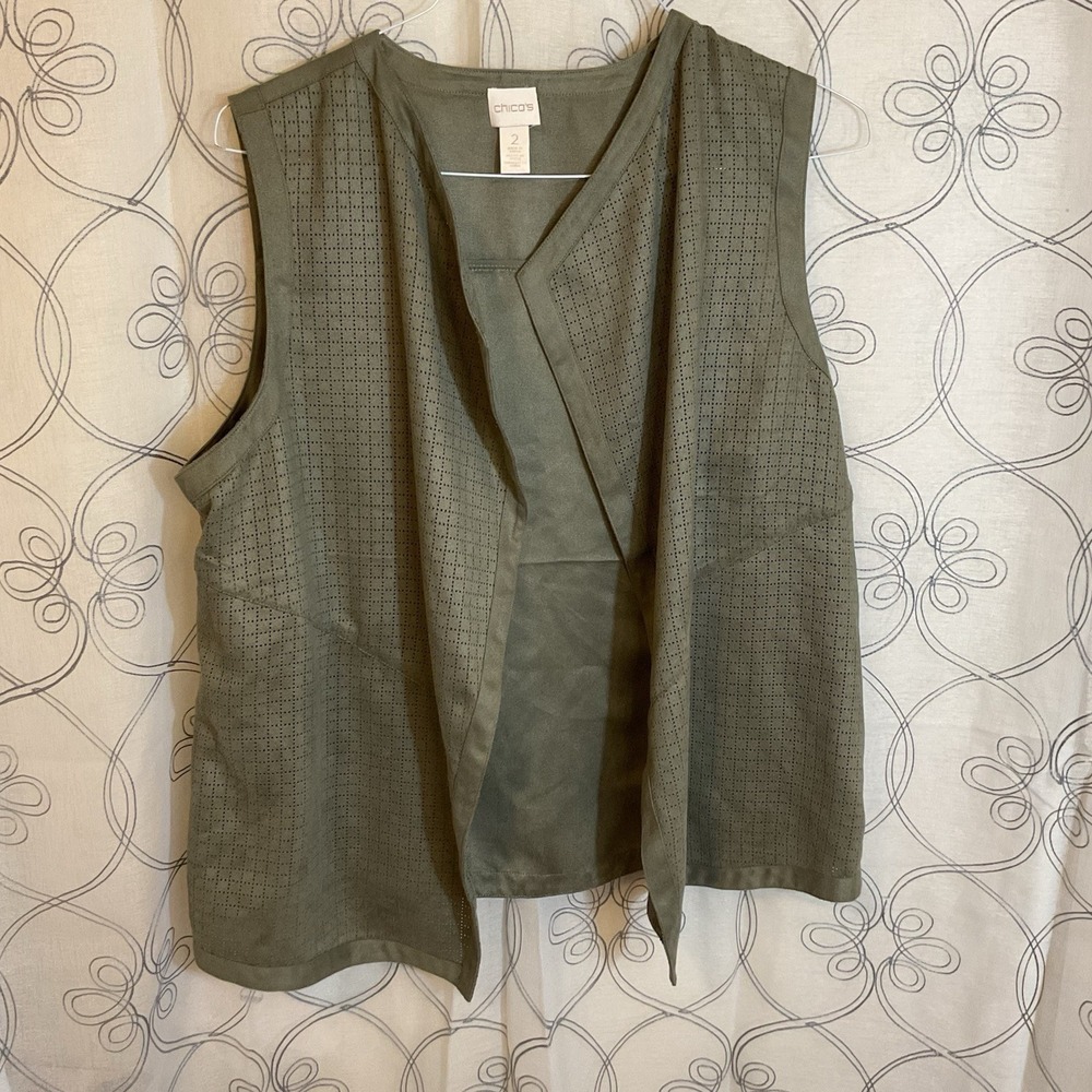 Women's Chicos Vest Green Open Front Collarless Faux Suede Perforated-size 2 (L)